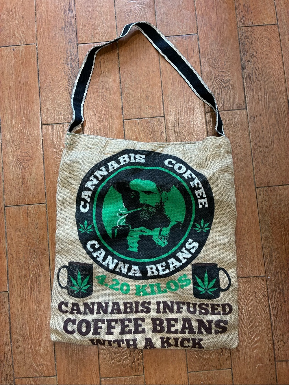 Cannabis Coffee Canna Beans Burlap Tote Bag - Natural with Green and Black Print